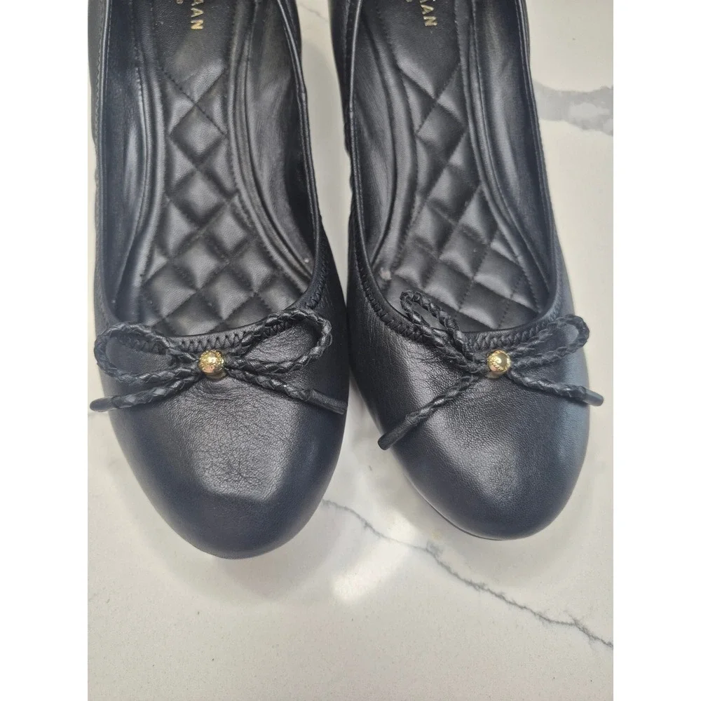 Cole Haan Grand.OS Women Black Leather Quilted Wedge Pumps Bow Detail Round Toe